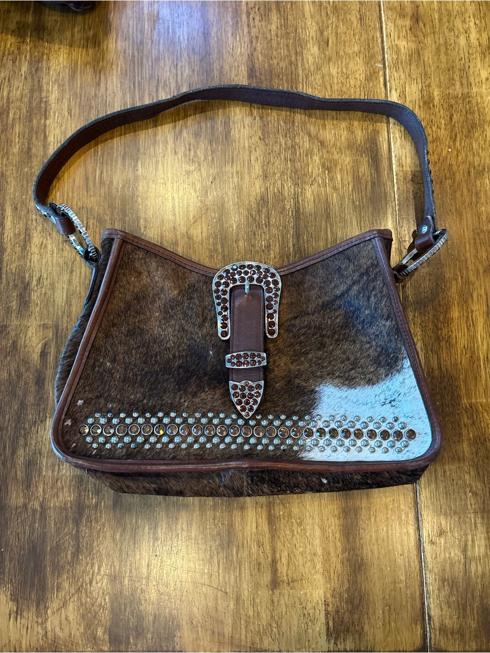 Raviani Brown Cowhide Shoulder Bag with Studded Buckle